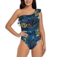 thumbnail image 2 of Picia Halloween Elements Pattern Women's One Piece Swimsuits,One Shoulder Swimwear Asymmetric ,Ruffle Monokinis Bathing Suits,High Waisted Flattering Bathing Suits-Small, 2 of 8