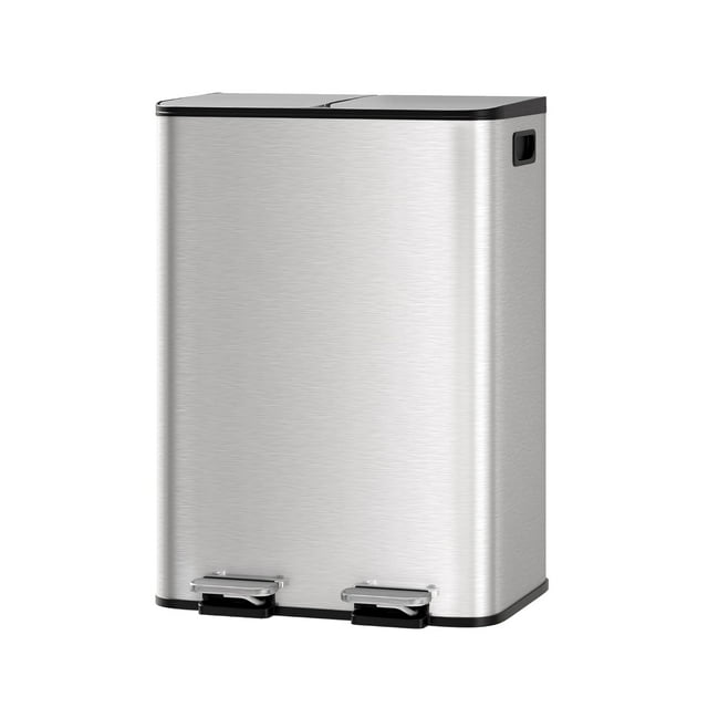 Twister.CK 16 Gallon Stainless Steel Dual Trash Can with Lid, Step-on Recycling Garbage Cans with Inner Buckets, for Kitchen, Bathroom, Silver