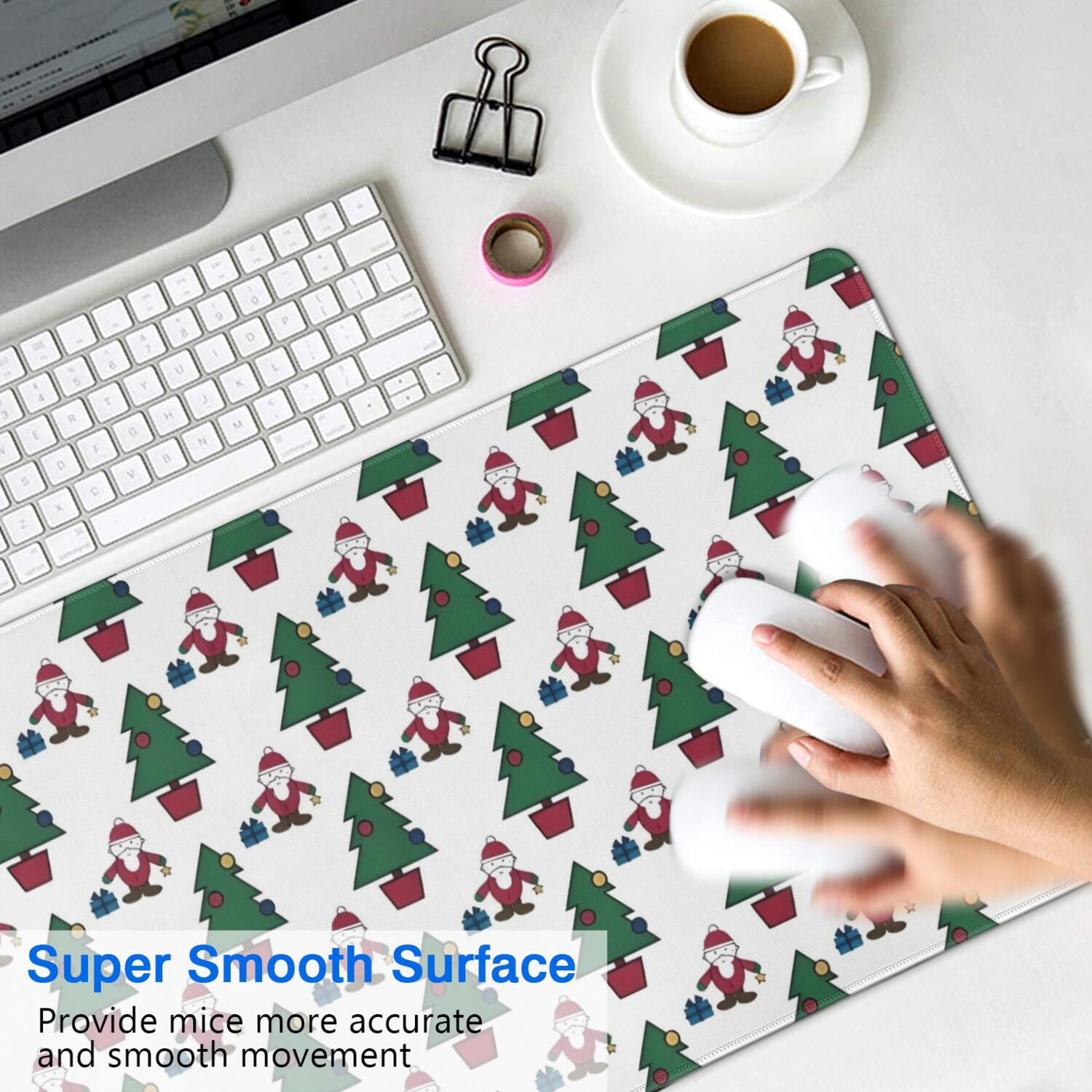Long Mouse Pads for Desk,White Christmas Santa and Tree Pattern Desk Mats on Top Of Desks, Desk Mouse Pad Extra Large with 3mm Non-Slip Base and Stitched Edge for Gaming,Office,Work,Home 31.5x15.7in