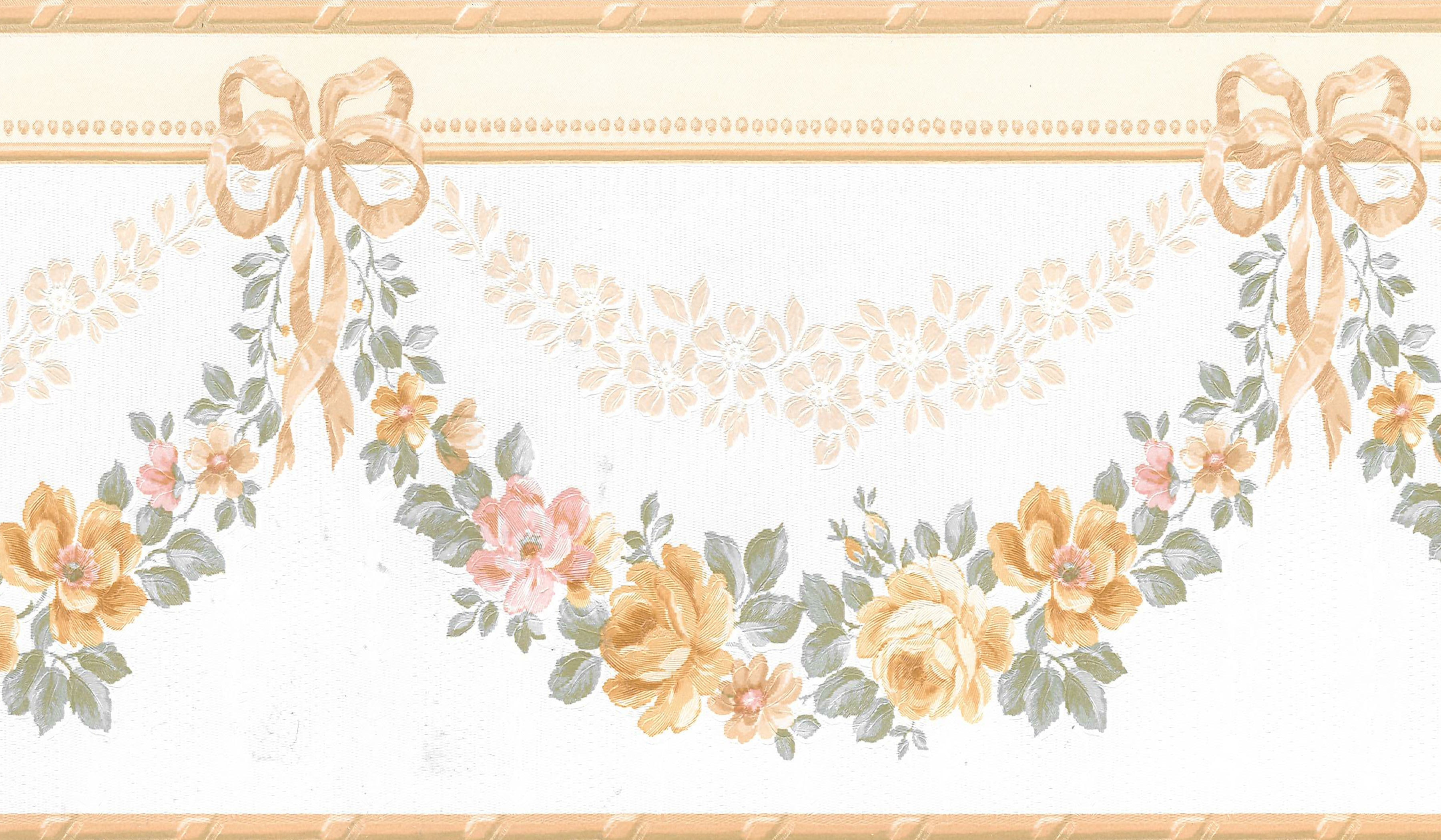 Dundee Deco Prepasted Wallpaper Border - Floral Green, White, Pink Roses in Garlands, 15 ft x 5.1 in