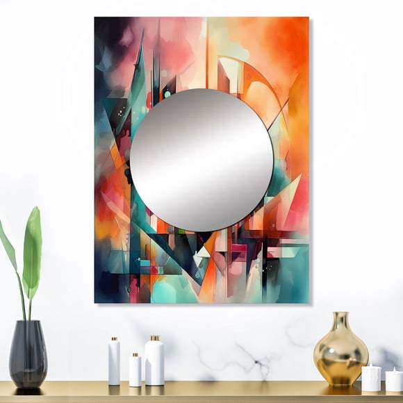 Designart "Visions Abstraites de l'Espace en Rouge et Vert" Décoration Murale Miroir Géométrique Moderne - Art Mural Miroir Abstrait Rouge Moderne pour Couloir - 32 Pouces x 24 Pouces Pouces