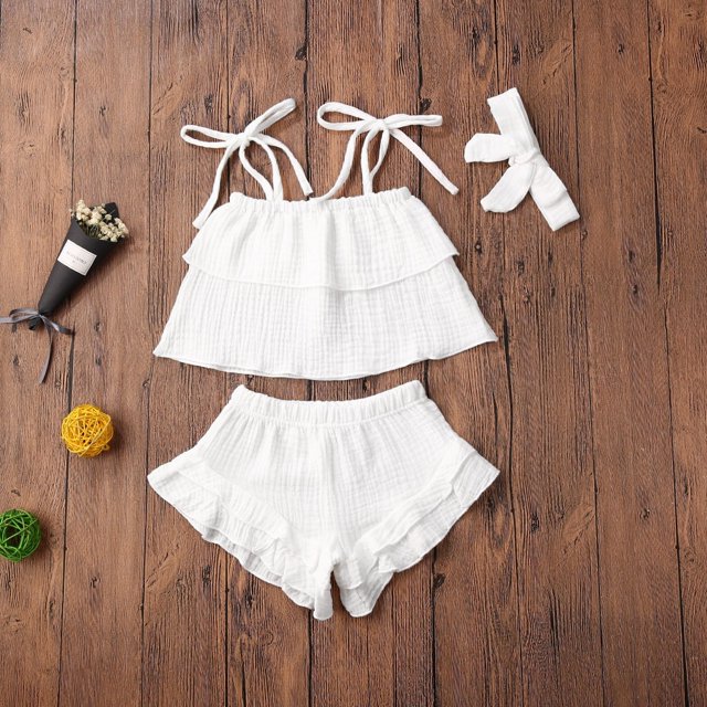 Infants Girls Top Shorts Baby Summer Lace Pleated White Pink Elastic Headband Bow Sleeveless Ruffle