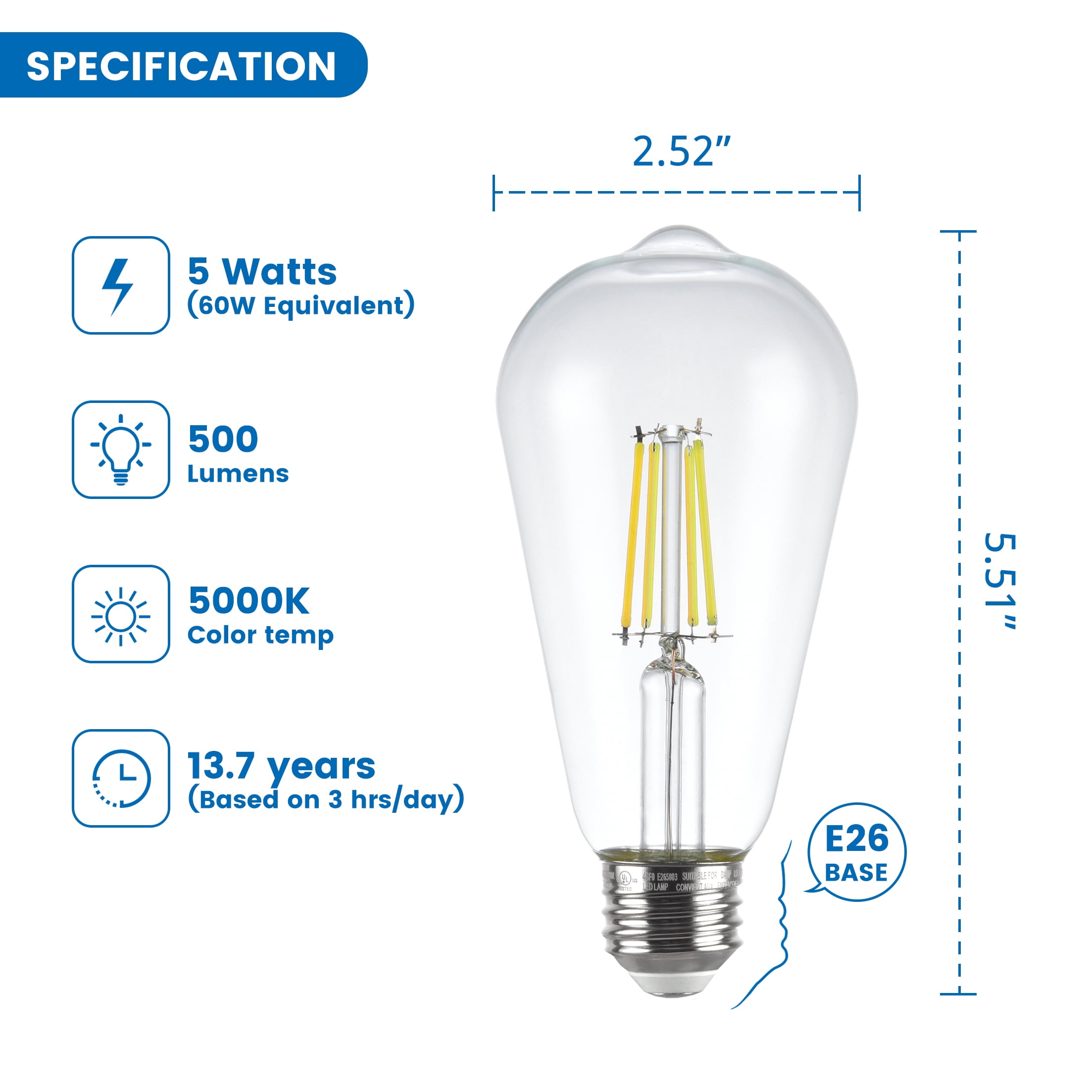 Great Value ST19 Vintage LED Light Bulb, 5-Watt (60W Equivalent), Daylight, Dimmable, E26, 16 Pack