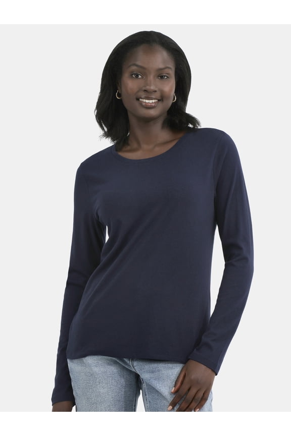 Women's Cotton Crewneck Tee with Long Sleeves, Sizes XS-XXXL