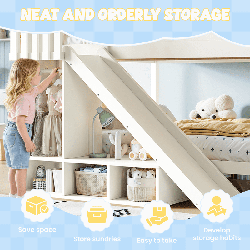 Full Over Full Bunk Bed with Slide and Ladder, Solid Wood Kids Bunk Bed with Storage Shelves and Hanging Rod, Low Profile Design, Full-Length Guardrails
