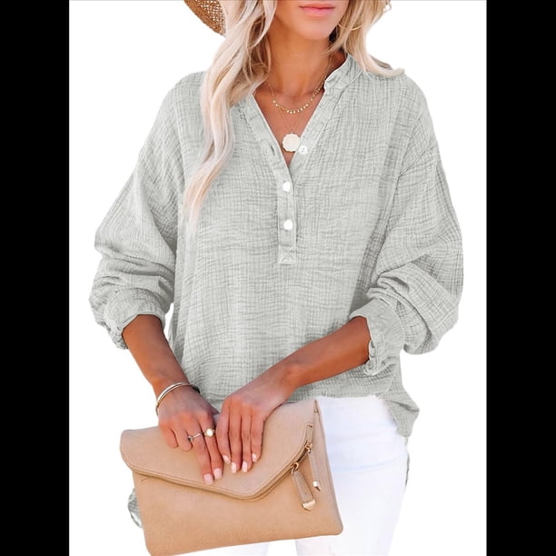 Blusas Casuales de Larga con Cuello en V y Botones para Mujer, Blusas Lisas de Gran Tamaño. Gris XXL