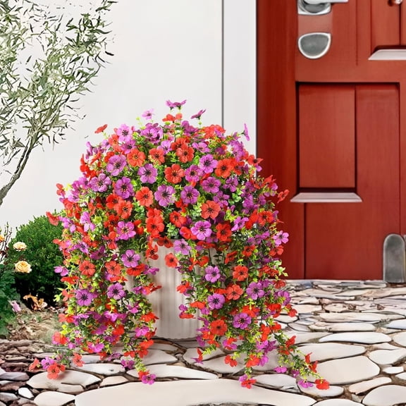 UU&T Artificial Hanging Flowers for Outdoor Spring Summer Decoration, 4Pcs Faux Silk Daisy Plants UV Resistant for Outside Home Indoor Planter Porch Window Yard Decor, Red Purple