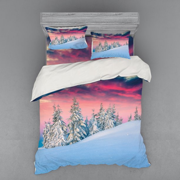 Winter Duvet Cover Set, Idyllic Scenery in Snow Covered Serene