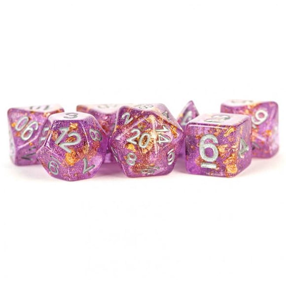 dés Métalliques Jeux LIC621 16 mm Rose Translucide Spécial Résine dés avec Feuille d'Or & Chiffres Argent - Ensemble de 7