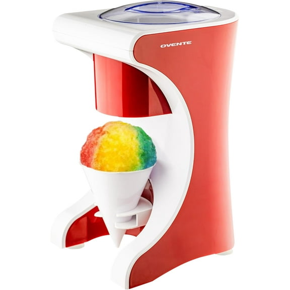 OVENTE Shaved Ice Snow Cone Machine with Reusable Plastic Cup, Non-Slip Mat and Stainless Steel Blade, Kitchen Countertop Slushie Machine for Homemade Snowballs, Frozen Cocktails & More, Red ICR1505R