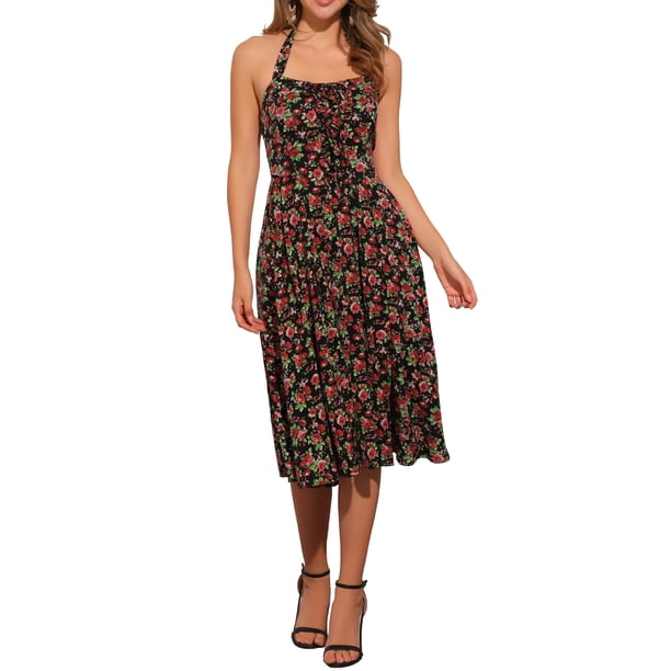 Vestido Floral de Cuello Halter INSPIRE CHIC para Mujer, Vestido de Verano Sin Mangas, Vestido Midi con Cierre de Encaje, Negro con Rosa