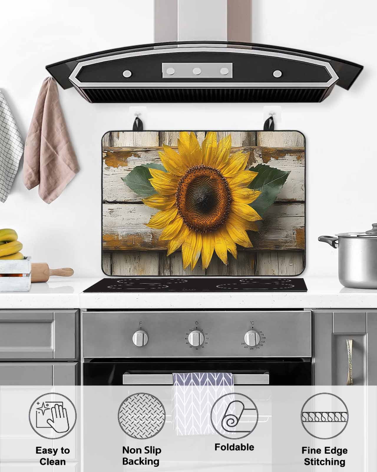 nqOlkjepod Large Induction Cooktop Protector Mat 24"x21", Vintage Sunflower Stove Top Covers for Electric Stove, Farmhouse Retro Wooden Floral Stove Burner Cover Mats, Glass Top Stove Cover