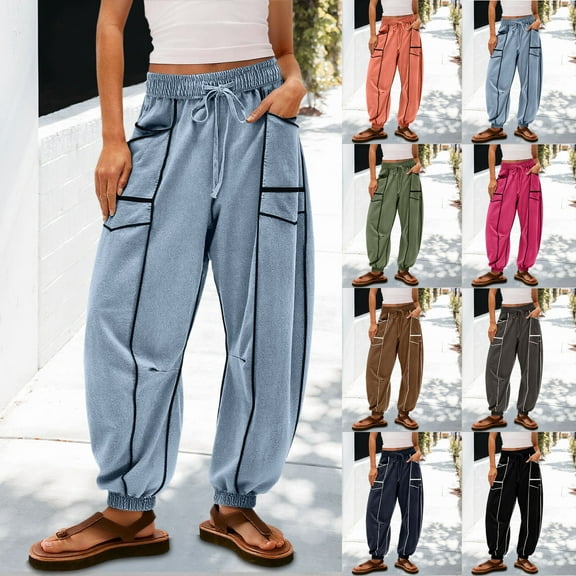 Kilaqueen Womens Baggy Sweatpants Casual Elastic Waisted Lounge Pants Drawstring Joggers Striped Wide Leg Pants Soft Comfy Athletic Pants