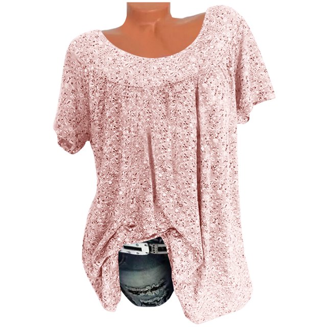fartey Plus Size Boho Shirts for Women Loose Ruched Floral Printed Blouse Flowy Elegant Short Sleeved Tunic Tops Stylish Round Neck Summer Vacation T-shirts, S-5XL