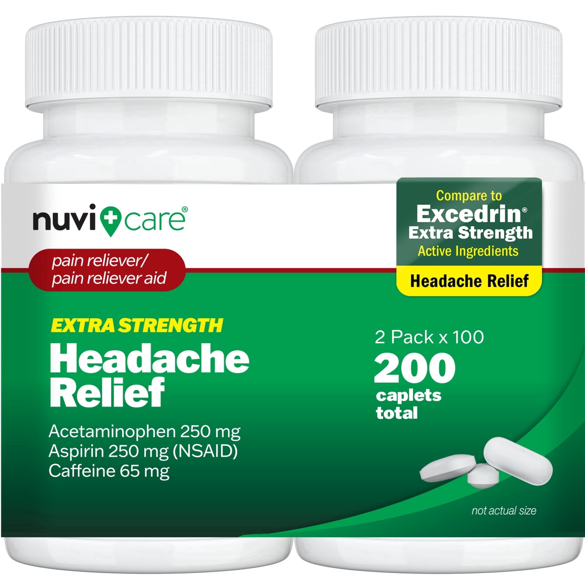 NUVICARE Headache Relief with Acetaminophen 250 mg, Aspirin (NSAID) 250 mg, Caffeine 65 mg - Temporary Relief of Minor Aches & Pains - Compare to Excedrin Extra Strength Pain Reliever (2 Pack)