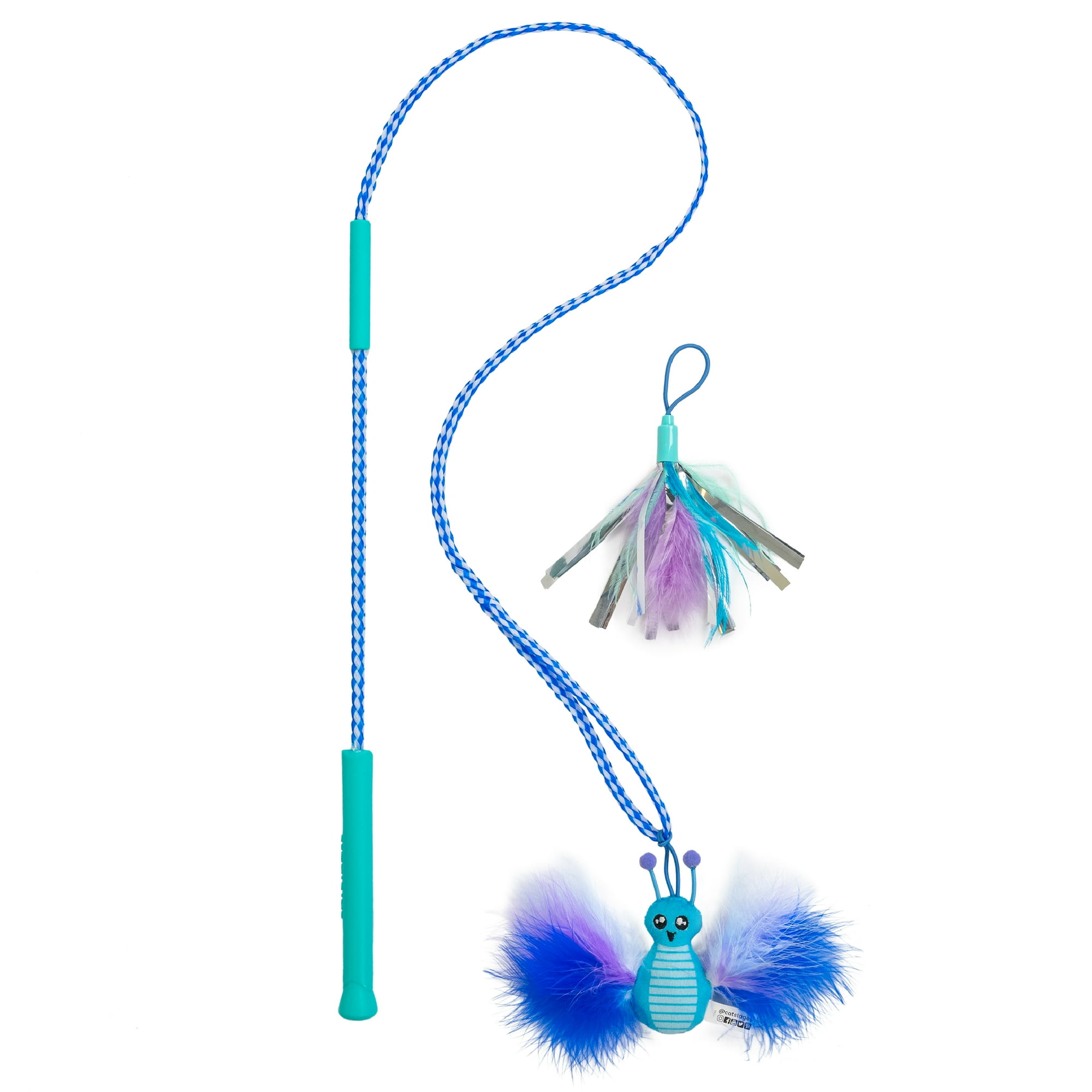 Catstages Tail Teaser Air Prey Cat Wand Toy for Indoor Cats, Interactive Cat Toy with 2 Feathered Catnip Toys, Crinkle Sounds, and Durable Rope for Leaping Play, Blue