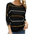 thumbnail image 2 of AGWOLF Striped Sweater for Women Trendy 3/4 Sleeve Crochet Hollow Out Pullover Oversized Crewneck Knit Jumper Tops, 2 of 7