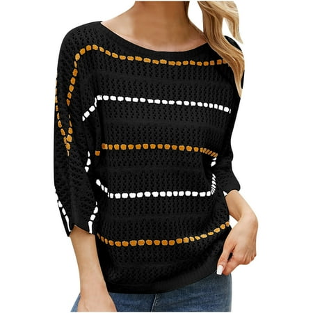 STETMN Women s Fall Clothes Sweater Solid Color Hollow V-Neck Sweatshirt Long Sleeve Knit Sweater Tops Black L