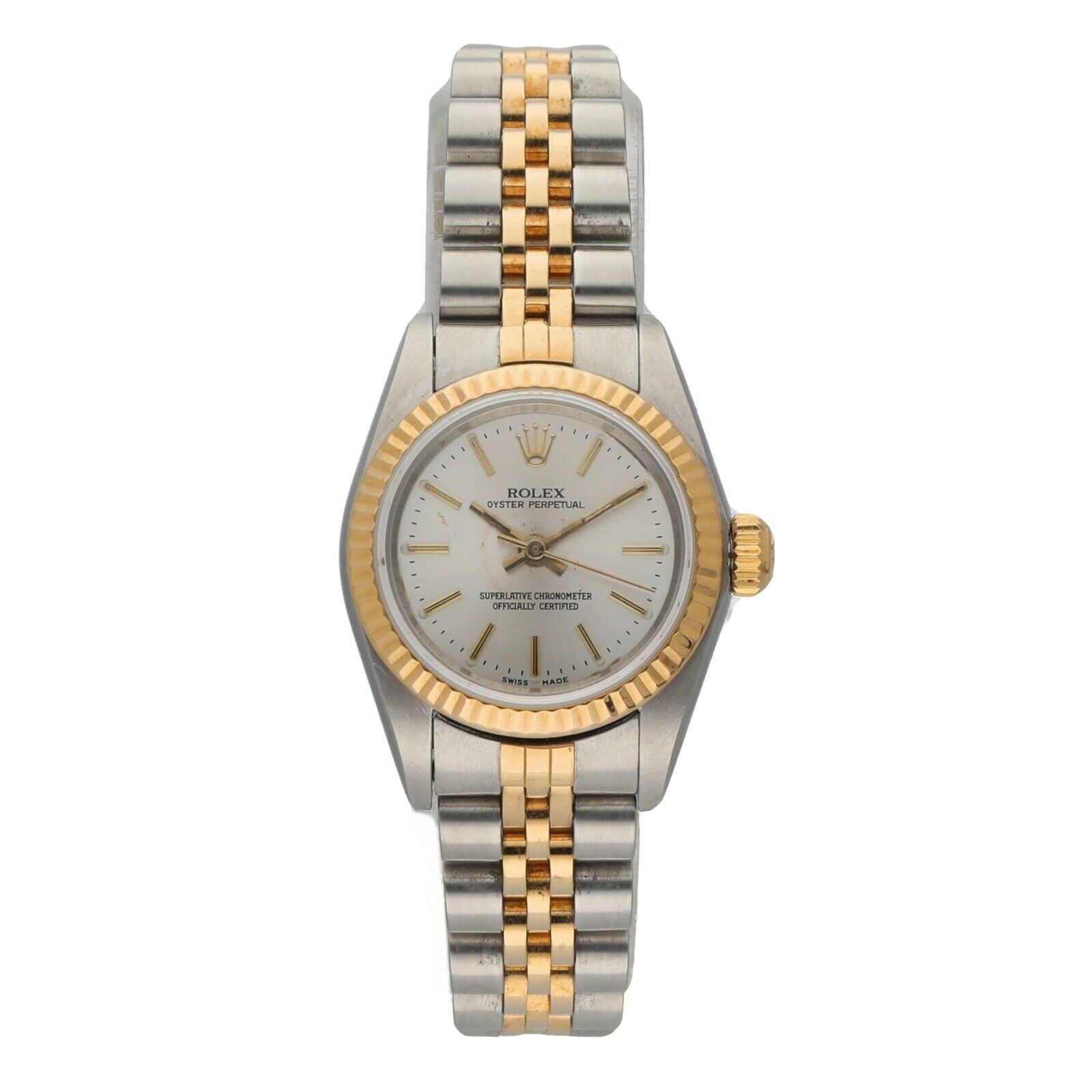 Rolex 76193 Oyster Perpetual 18k Yellow Gold Steel Silver Dial Ladies Watch 2005