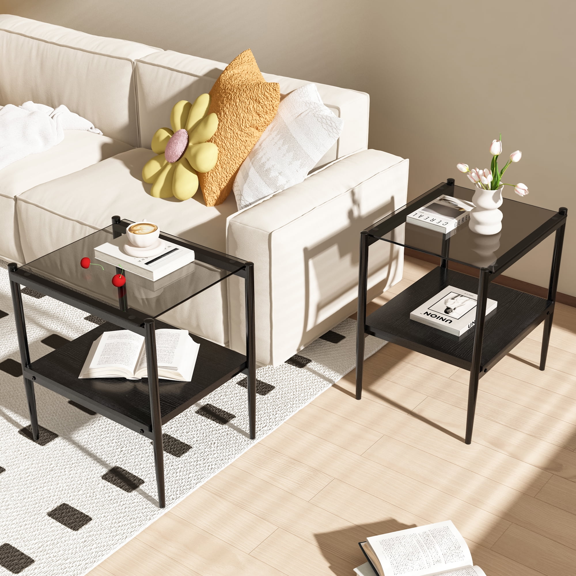 Euroco Set of 2 Rectangle End Table, Tempered Glass Tabletop with MDF layer, Modern Table for Living Room , Gray Glass