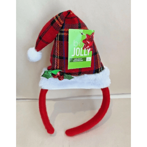 Be Jolly Christmas Holiday Headbands with Bells Plaid Santa Hat