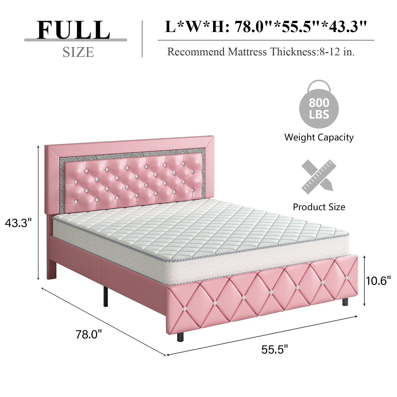 4 EVER WINNER Full Size Bed Frame, Pink Full Size Bed Frame with Headboard and Footboard, Pink
