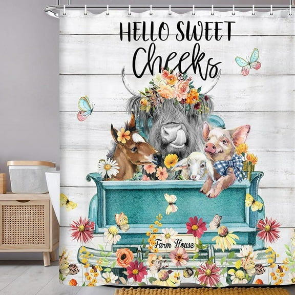 Farmhouse Animal Shower Curtain for Bathroom, Country Farm Cow Donkey Decor Bath Curtains, Rustic Sheep Rooster Waterproof Shower Curtain Set Accessories with Hooks 60 x72 Inches