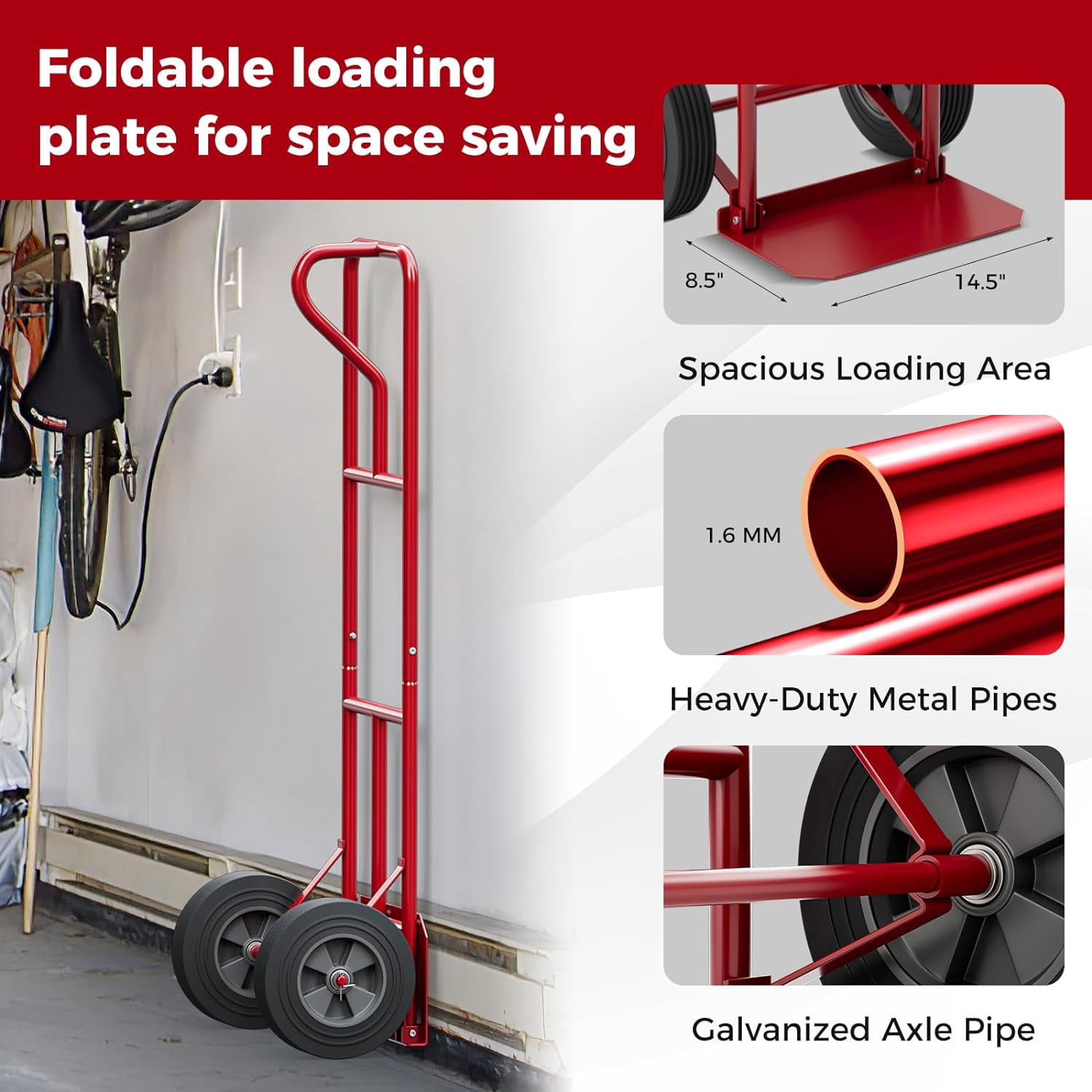 Fusion Hand Truck, P-Handle Hand Truck Dolly w/Vertical Loop Handle, 10” Rubber Wheels, 15”x8” Foldable Nose Plate, 660LBS Capacity, Heavy Duty Metal Dolly Cart for Lifting, Stairs (Red)