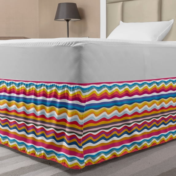 Colorful Bed Skirt, Demonstration of Wavy Stripes Flowing Horizontal Rainbow Inspired Several Tones, Elastic Bedskirt Dust Ruffle Wrap Around for Bedding Decor, 4 Sizes, Multicolor, by Ambesonne