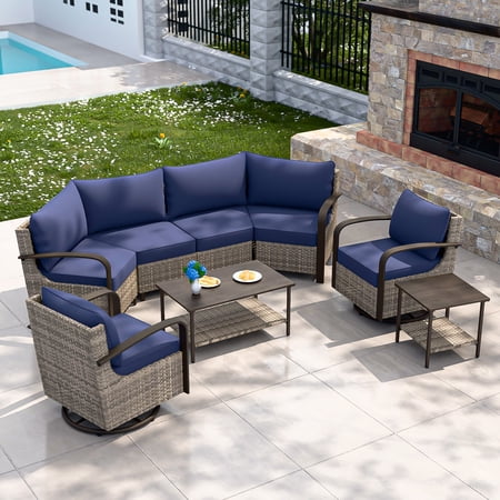 COOS BAY Aurora Terrace 6-Person Brown Wicker Rattan Patio Conversation Set Sectional Seating Group Metal Curved Armrest Swivel Rocking Chairs Coffee Tables Blue Cushion
