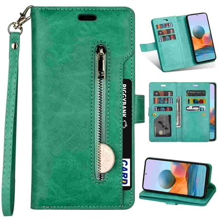 Feishell OnePlus Nord N200 5G Case Wallet for Women Men, [FRID Blocking] Durable PU Leather Magnetic Flip Lanyard Strap Wristlet Zipper Card Holder Wallet Phone Case, Mint