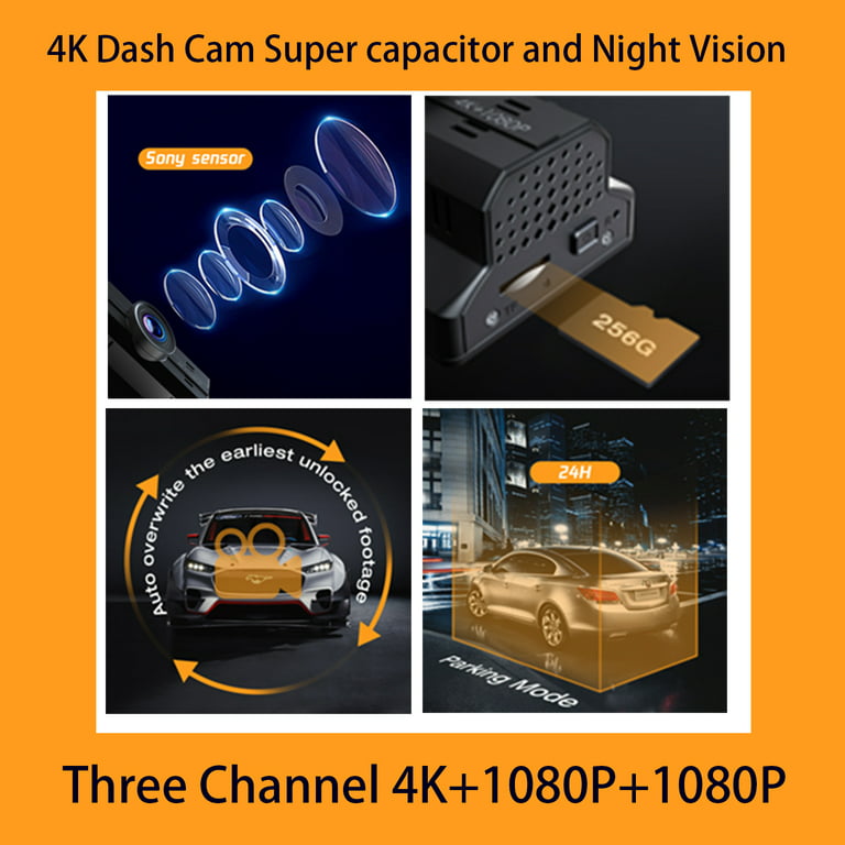 3 Channel 4K Dash Cam with SD Card, Built in GPS, 4K+2K Front and Rear,  1440P+1080P+1440P Three Way Triple Car Camera, Dash Camera for Cars, Night