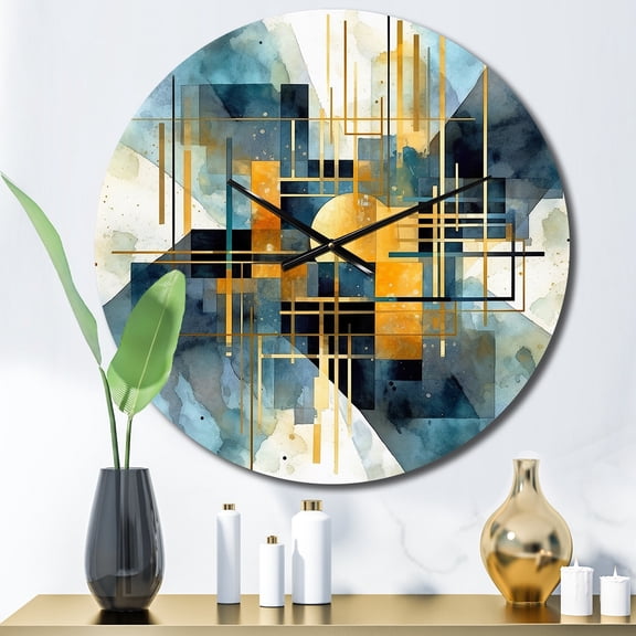Designart "Abstracted Realities Gold Blue Composition" Abstract Shapes Oversized Wall Clock