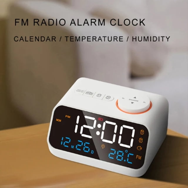 Reloj Despertador LED con Radio FM para Despertar Junto una la Cama. Calendario de Mesa Digital con TermóMetro de Temperatura HigróMetro de Humedad(A)