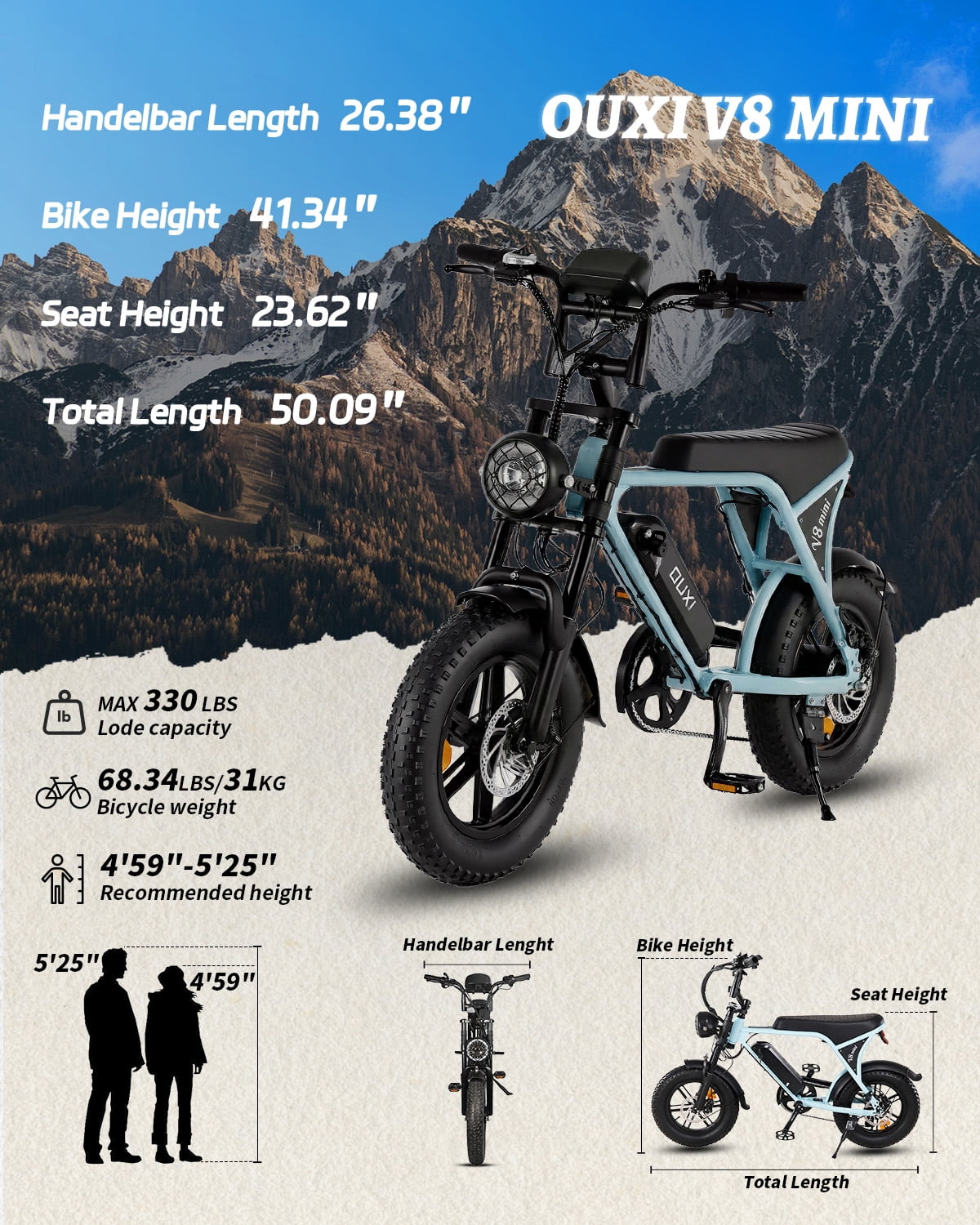VTOKW Electric Bike for Adults, 500W Electric Bicycles with 36V 10.4Ah Battery, 16" Fat Tire Ebike, 20MPH E-Bike, E Bike for Adults UL2849