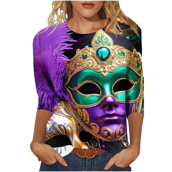 YueHuiYing Mardi Gras Shirts for Women Outfits Mardi Gras Outfit for Women Mask Graphic Printed 3/4 Sleeve Carnival Shirt