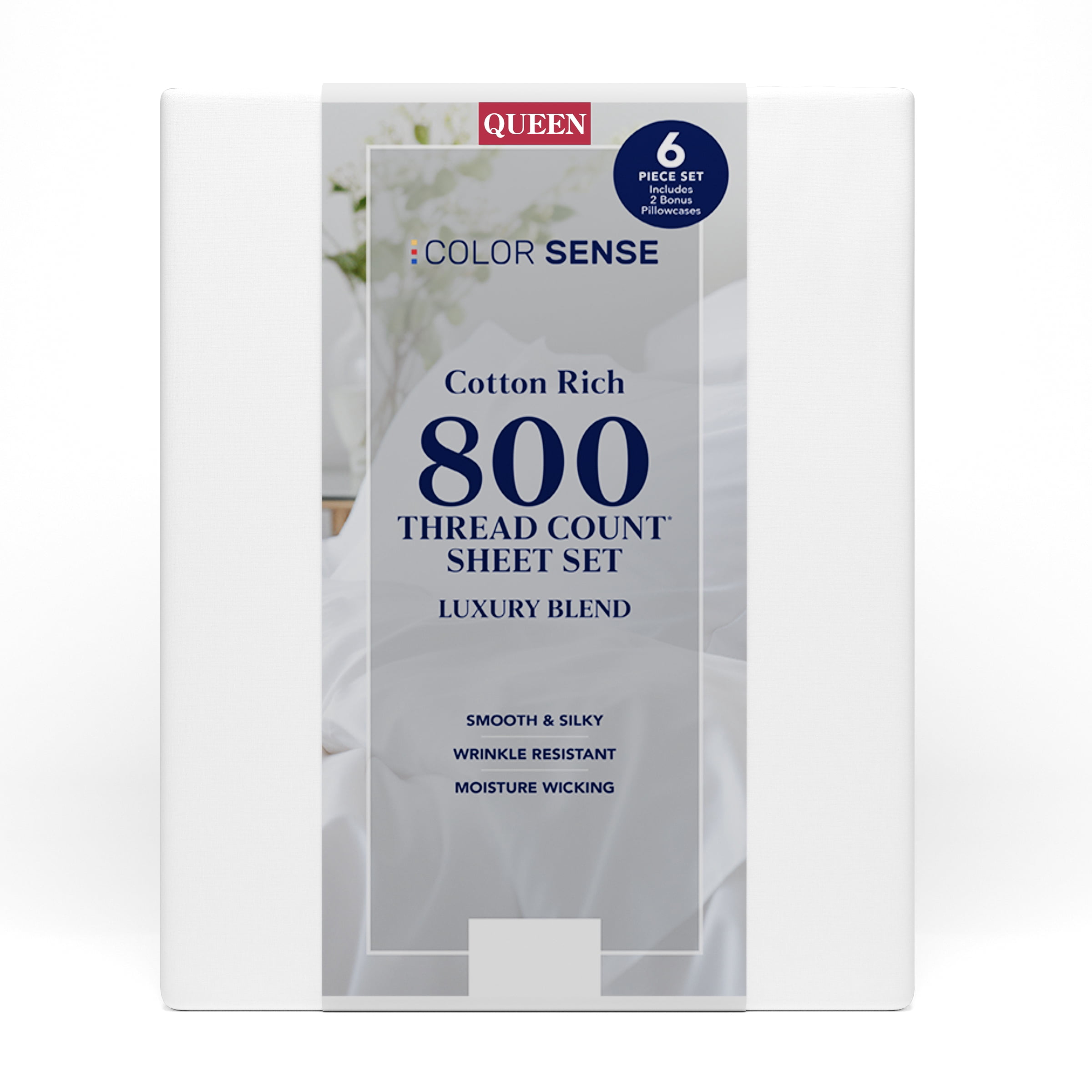 Color Sense 6-Piece 800 Thread Count White Cotton Rich Adult Bed Sheet Set, Queen - Deep Pocket