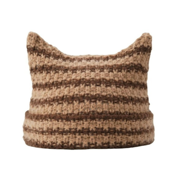 HUANLEDASH Winter Ladies Hat Kitty Head Contrast Color Striped Star Fur Ball Decor Demon Cap Windproof Elastic Anti-slip Warm Headwear