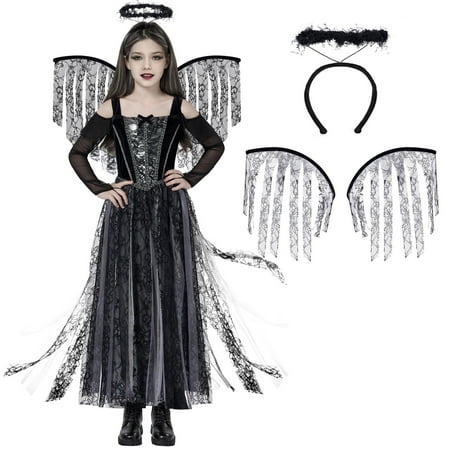 En Oferta Joyfy Angel Costume For Kids Angel Black Dress With Wing Headband Halloween Devil Costume Set For Girls Halloween Party Dress Up 8+