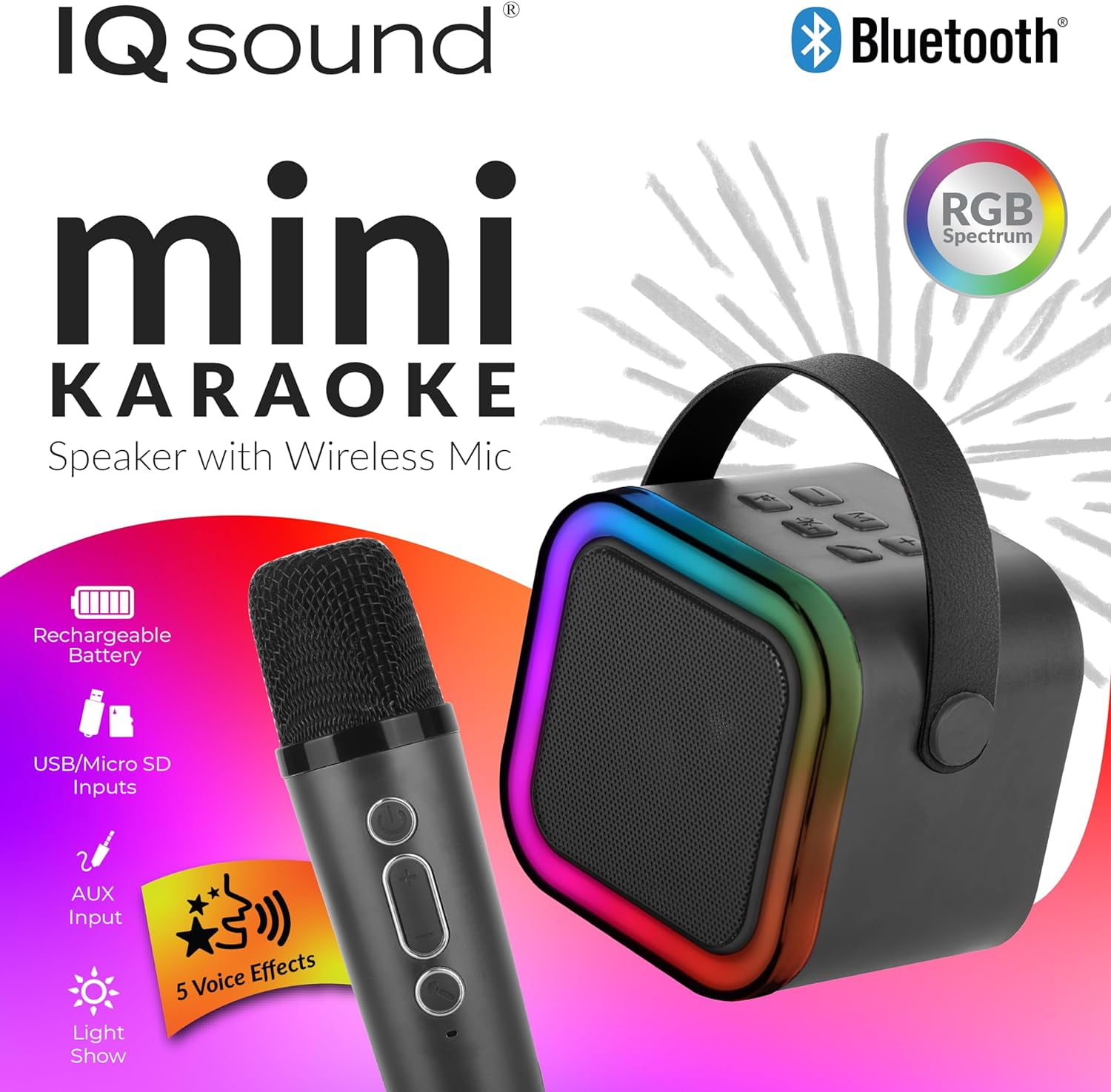 IQ Sound Mini Karaoke Bluetooth Speaker Wireless Microphone, RGB Lights, Voice Effects IQ-708K Black
