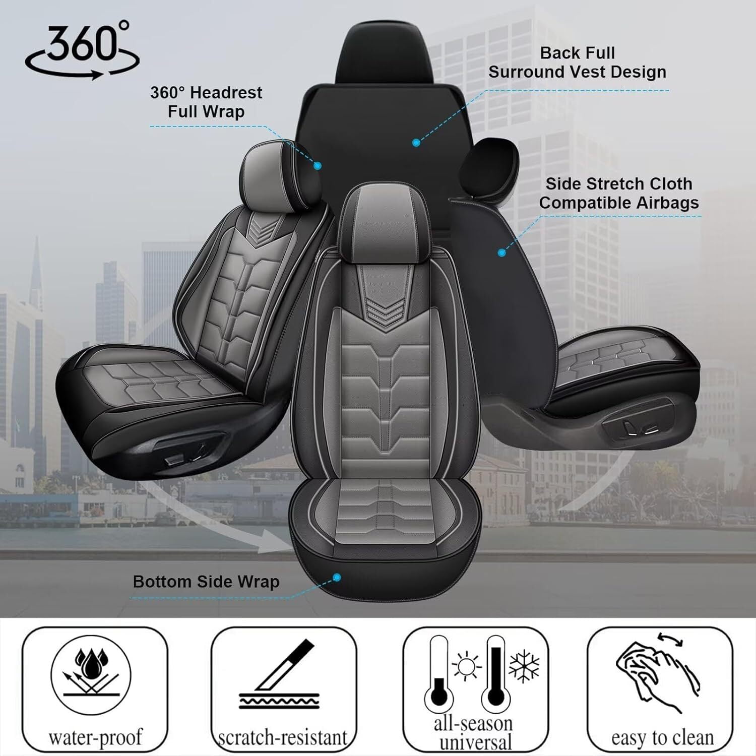 DIKSOAKR 2 Front Car Seat Covers Fit for Toyota RAV4 2007-2025 Faux Leather Seat Cushion with Lumbar Support Airbag Compatible Automotive Interior Accessories (Black&Gray)