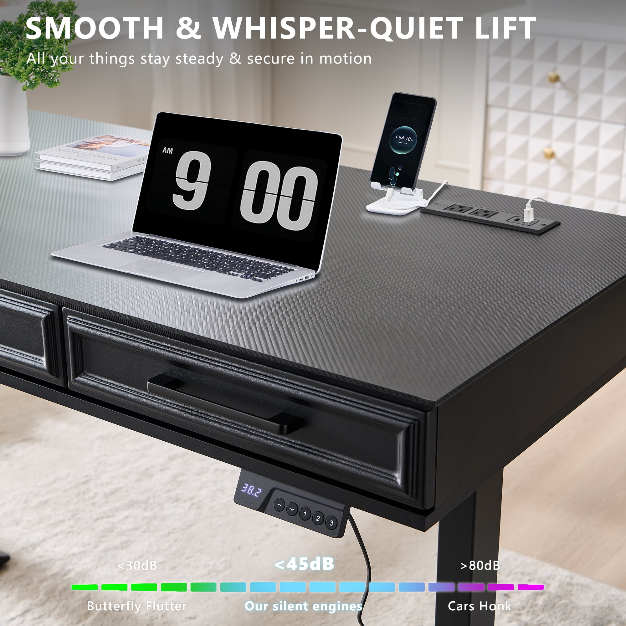 wow97e Electric Standing Desk, 55" x 22" Adjustable Height Office Computer Desk with 3 Storage Drawers, Sit Stand Up Desk with Power Outlets for Study and Home
