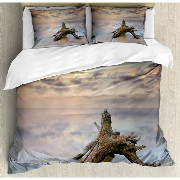 Ambesonne Digital Duvet Cover Set, Sunrise on Sandy Beach, King, Yellow and Tan