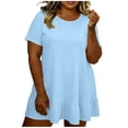 thumbnail image 3 of XUNKUSGA Robes Grande Taille pour Femmes aux Courbes Été Classique Couleur Unie Robes pour Femmes Décontractées Col Rond Manches Courtes Évasées Ourlet à Volants Robe Mini, Bleu, 5TG, 3 of 8