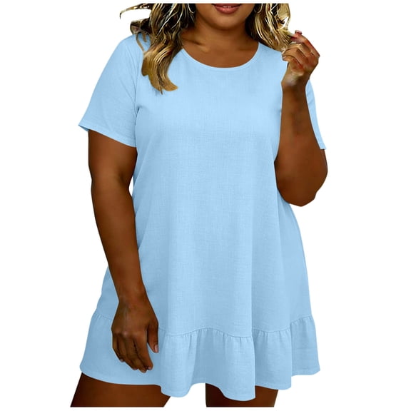 Womens Summer Ruffle Dresses Plus Size Casual Linen Dress Short Sleeve Plain Tshirt Sundress Light Blue, 4XL