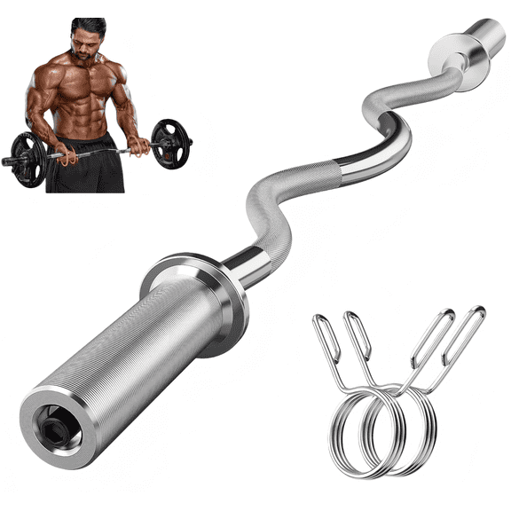 Olympic EZ Curl Barbell Bar, 47" EZ Curl Bar for Weight Lifting, Biceps, triceps, Back/Leg Muscle Group exercise,Chrome Curling Bar for 2 Inch Weight Plates,with 2 Spring Collars
