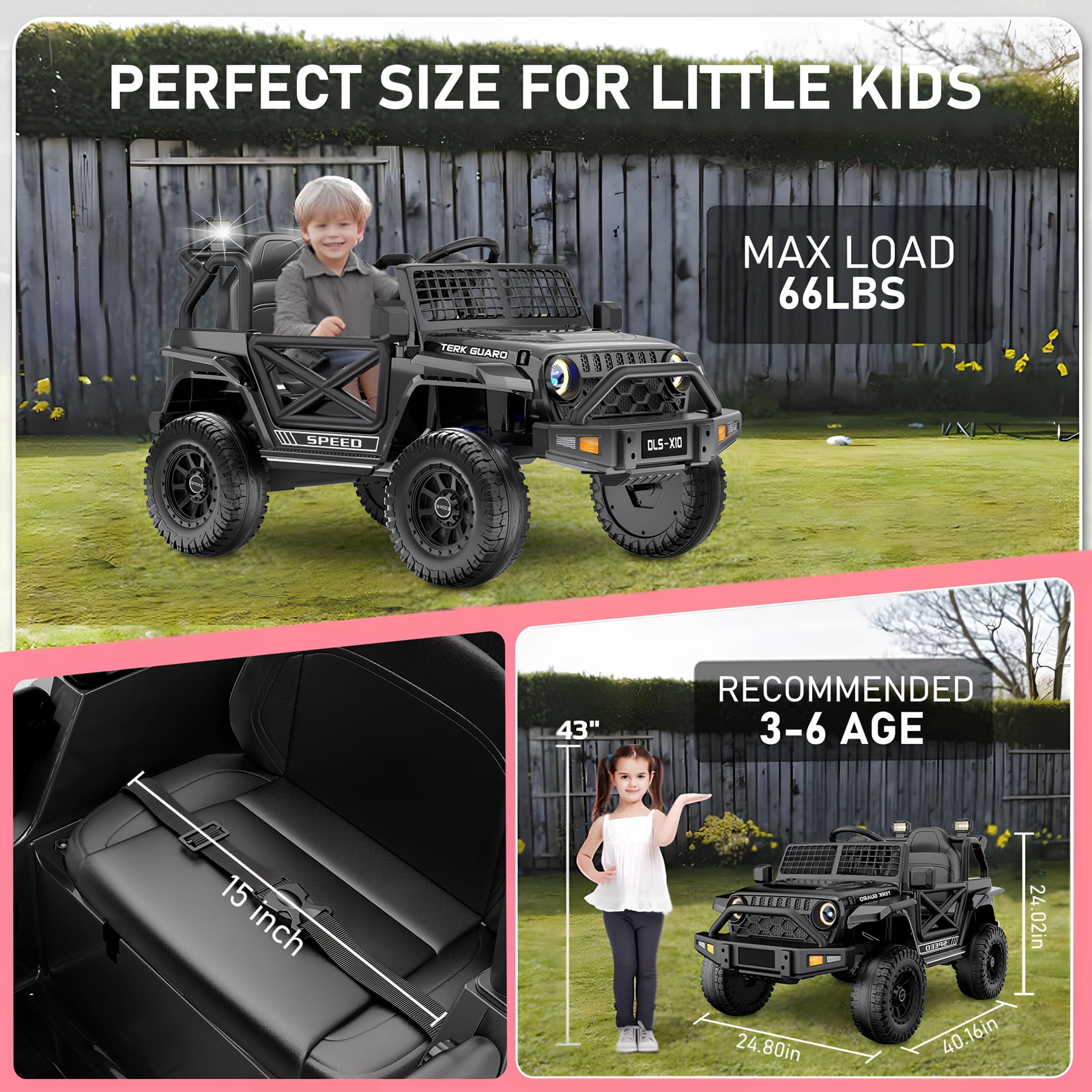 YunTopKids 12V Ride On Cars Toys for Kids,Power Car Wheels with Parent Remote Control,Bluetooth Music,LED Lights,Black