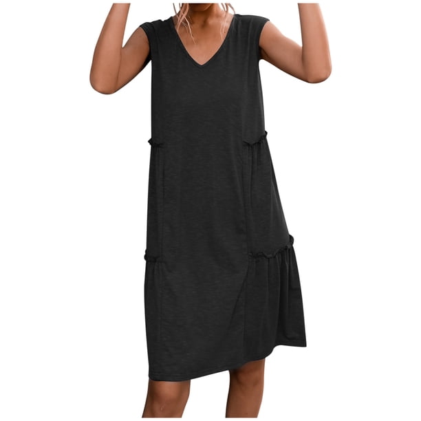 Vestido sin mangas para mujer Vestido liso con cuello en V Lado informal del vestido de hongo Fridja hjkh1380