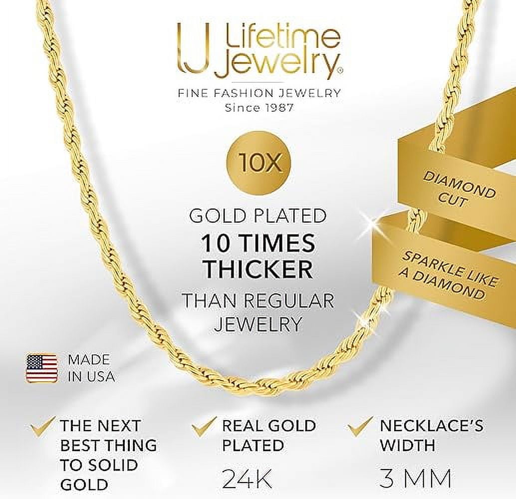LIFETIME JEWELRY 3mm Rope Chain Necklace 24k Real Gold Plated-Women and Men (24 mm)