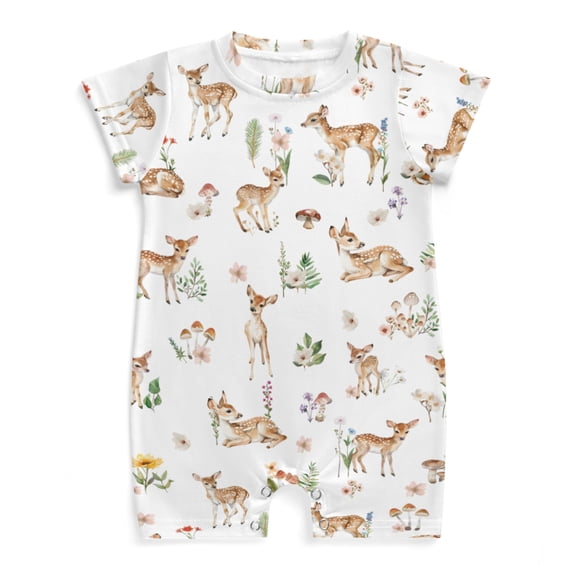Baby Deer Mushroom Forest Newborn Infant Baby Romper Shirts Boy Girl Woodland Animals Flowers Leaves Summer Outfit Baby Clothes Short Sleeve Onesie 